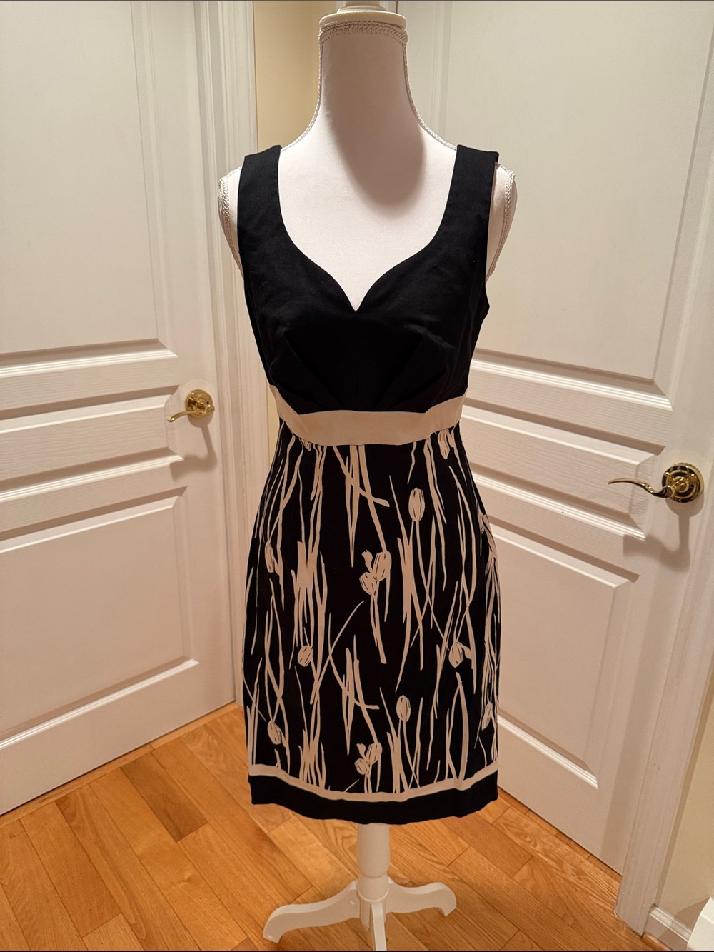 White House Black Market Black and Cream Floral A-Line Dress